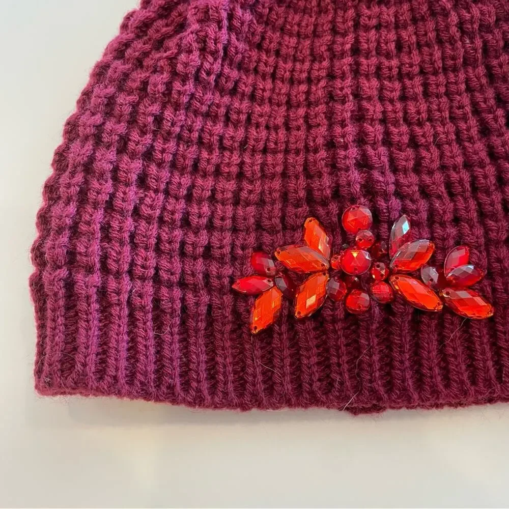 Burgundy Knit Beanie with Red Rhinestones & Faux Fur Poof